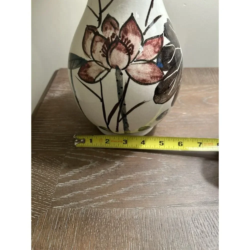 Vtg Japanese Lotus Crackle‎ Glaze White Vase Hand Painted Pink Floral 12.5” MCM